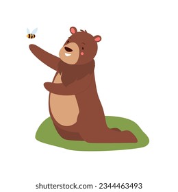 Cute bear playing with bee. Forest big animal, honey lover teddy bear vector illustration