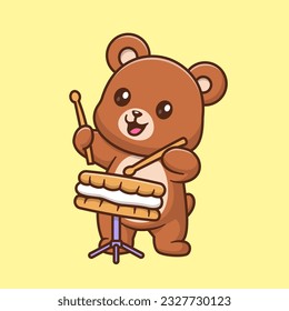 Cute Bear Playing Biscuit Drum Cartoon Vector Icon Illustration. Animal Food Icon Concept Isolated Premium Vector. Flat Cartoon Style