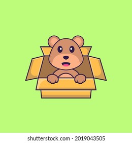 Cute bear Playing In Box. Animal cartoon concept isolated. Can used for t-shirt, greeting card, invitation card or mascot.