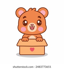 Cute Bear Playing In Box Cartoon Vector Icon Illustration. Animal Nature Icon Concept Isolated Premium Vector. Cartoon Style