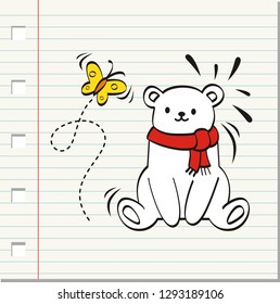 Cute bear playing with butterfly