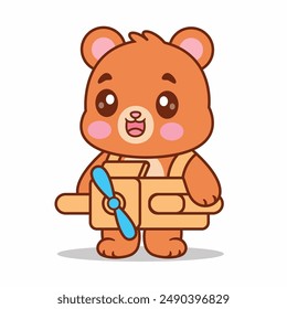 Cute Bear Playing With Cardboard Plane Cartoon Vector Icon Illustration. Animal Nature Icon Isolated Premium Vector. Cartoon Style
