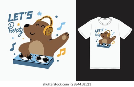 Cute bear playing dj music with tshirt design premium vector the Concept of Isolated Technology. Flat Cartoon Style Suitable for Landing Web Pages,T shirt, Flyers, Stickers