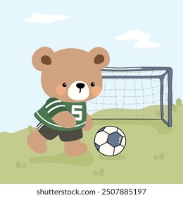 cute bear playing football in the field