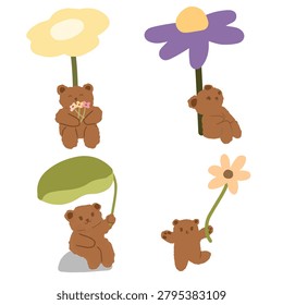 Cute Bear Playing with Giant Flowers Vector Set Hand Drawn Spring Animal Character Illustration