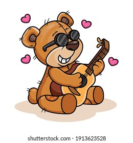 Cute Bear Playing Guitar Cartoon Vector Icon Illustration. Animal Icon Concept Isolated on White Background
