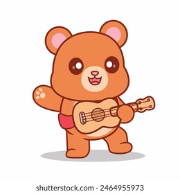 Cute Bear Playing Guitar With Hand Cartoon Vector Icon Illustration. Animal Music