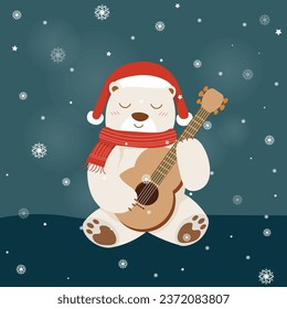 A cute bear playing guitar over dark sky background on Christmas night. Vector illustration for Christmas celebration concept
