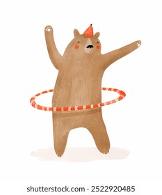 Cute Bear Playing Hula Hoop. Brown Hand-painted Teddy Bear in a Red Party Hat on a White Background. Lovely Nursery Art with Playful Bear ideal for Wall Art, Poster, Card. Happy Woodland Animal. RGB.