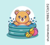 Cute bear playing in an inflatable pool