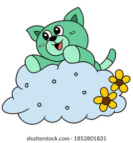 cute bear playing on the clouds. vector illustration of cartoon doodle sticker draw