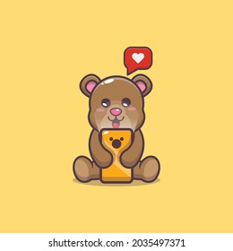 
Cute bear playing with phone. Cute animal cartoon illustration. Flat isolated vector illustration for posters, brochures, web, mascots, stickers, logos and icons.