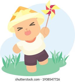 Cute Bear Playing with Pinwheel