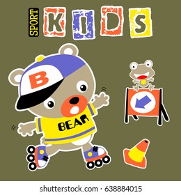 Cute bear playing roller skate with little frog on road sign, vector cartoon illustration