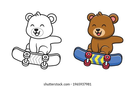 Cute bear playing skateboard cartoon coloring pages for kids