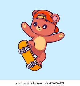 Cute Bear Playing Skateboard Cartoon Vector Icon Illustration. Animal Sport Icon Concept Isolated Premium Vector. Flat Cartoon Style