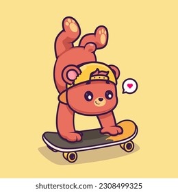 Cute Bear Playing Skateboard Cartoon Vector Icon Illustration. Animal Sport Icon Concept Isolated Premium Vector. Flat Cartoon Style