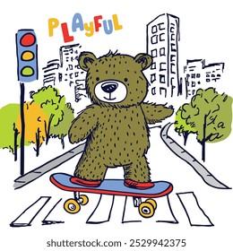 cute bear is playing skateboard in city, vector illustration