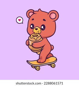 Cute Bear Playing Skateboard With Honey Comb Cartoon Vector Icon Illustration. Animal Sport Icon Concept Isolated Premium Vector. Flat Cartoon Style