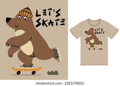 Cute bear playing skateboard illustration with tshirt design premium vector the Concept of Isolated Technology. Flat Cartoon Style Suitable for Landing Web Pages,T shirt, Flyers, Stickers