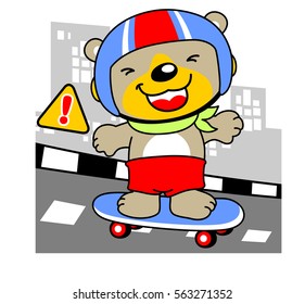 Cute bear playing skateboard in the road on buildings background ,vector cartoon illustration