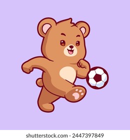 Cute bear playing soccer cartoon vector icon illustration. Flat style animal cartoon logo mascot