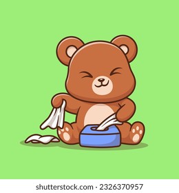 Cute Bear Playing Tissue Cartoon Vector Icon Illustration. Animal Nature Icon Concept Isolated Premium Vector. Flat Cartoon Style