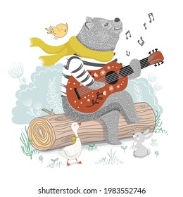 Cute bear plays guitar in the forest. Animal cartoon characters. Vector illustration for children's books. Can be used for t-shirt print, kids wear fashion design, baby shower invitation card.