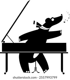 Cute bear plays piano and singing. Cute bear playing music on piano and singing. Black and white illustration	