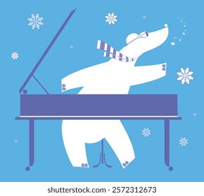 Cute bear plays piano and singing. Winter. Polar bear cute bear playing music on piano and singing. White on blue background	