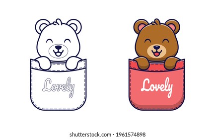 Cute bear in pocket cartoon coloring pages for kids