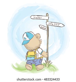 Cute bear to pointers. Travel Trekking .. Vector illustration for greeting card, poster, or print on clothes. Holiday card. Watercolor. Vintage.
