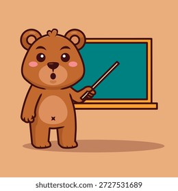 Urso Bonito Apontando para Blackboard Vetor Ilustração Cartoon. Adequado para crianças em idade escolar e educacional.