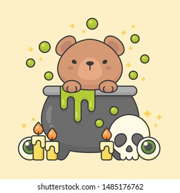 Cute bear in a poison pot with skull and candles cartoon animal character vector. Cartoon character design. Halloween party theme.