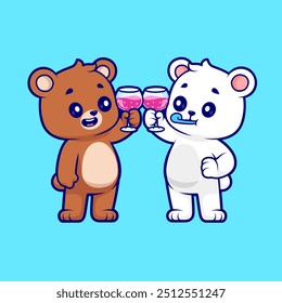 Cute Bear And Polar Bear Drinking Juice Party Cartoon Vector Icon Illustration. Animal Drink Icon Concept Isolated Premium Vector. Flat Cartoon Style