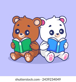 Cute Bear And Polar Bear Reading Book Cartoon Vector Icon Illustration. Animal Education Icon Concept Isolated Premium Vector. Flat Cartoon Style