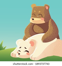 cute bear and polar bear resting in the grass cartoon animals vector illustration