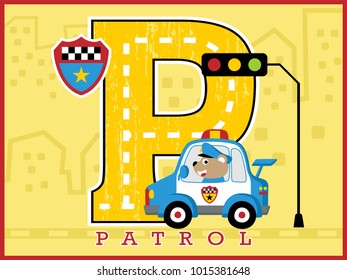 Cute bear police cartoon vector driving patrol car on big P alphabet background, traffic element cartoon