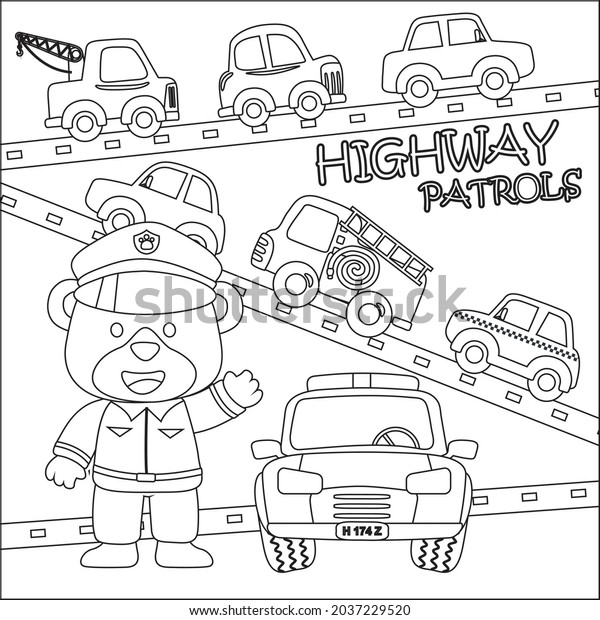 Cute bear police patrol on\
highway. Cartoon isolated vector illustration, Creative vector\
Childish design for kids activity colouring book or\
page.