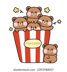 Cute bear popcorn with star cartoon.Wild animal character design.Teddy.Movie.Food and snack.Image for kid product,sticker,card,decoration.Art.Kawaii.Vector.Illustration.