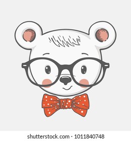 Cute bear, portrait with glasses. For t-shirt, mug, bag and other uses