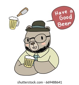 Cute bear portrayed the character of hipster man with beer.  Beard bear drinking beer. Vector illustration with hand-drawn style.
