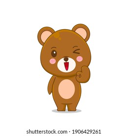 Cute bear posing finger. Vector illustration of chibi character isolated on white background.
