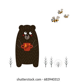 Cute bear with pot of honey and angry bees illustration on white background. Simple scandinavian style nature card. Forest with animals design.