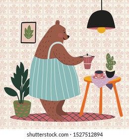 Cute bear prepare coffee. Vector colorful flat illustration.