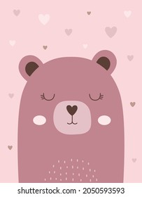 cute bear print design on pink background with hearts, vector illustration for fashion fabrics, textile graphics, prints