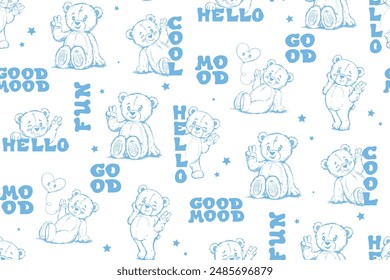 Cute bear print with lettering phrases in 60s style. Sketch style bear seamless pattern in blue and white colors. Funny toy. Kids repeat ornament with pet.