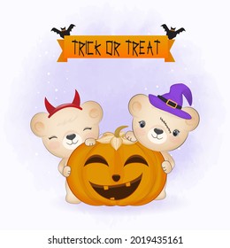 Cute bear with pumpkin and drawn cartoon animal Halloween illustration