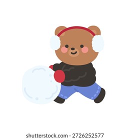 Um urso bonito empurrar grande bola de neve Vetor Ilustração