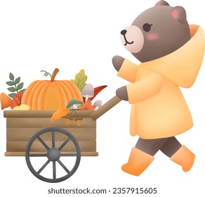 Cute bear pushing a wooden cart
